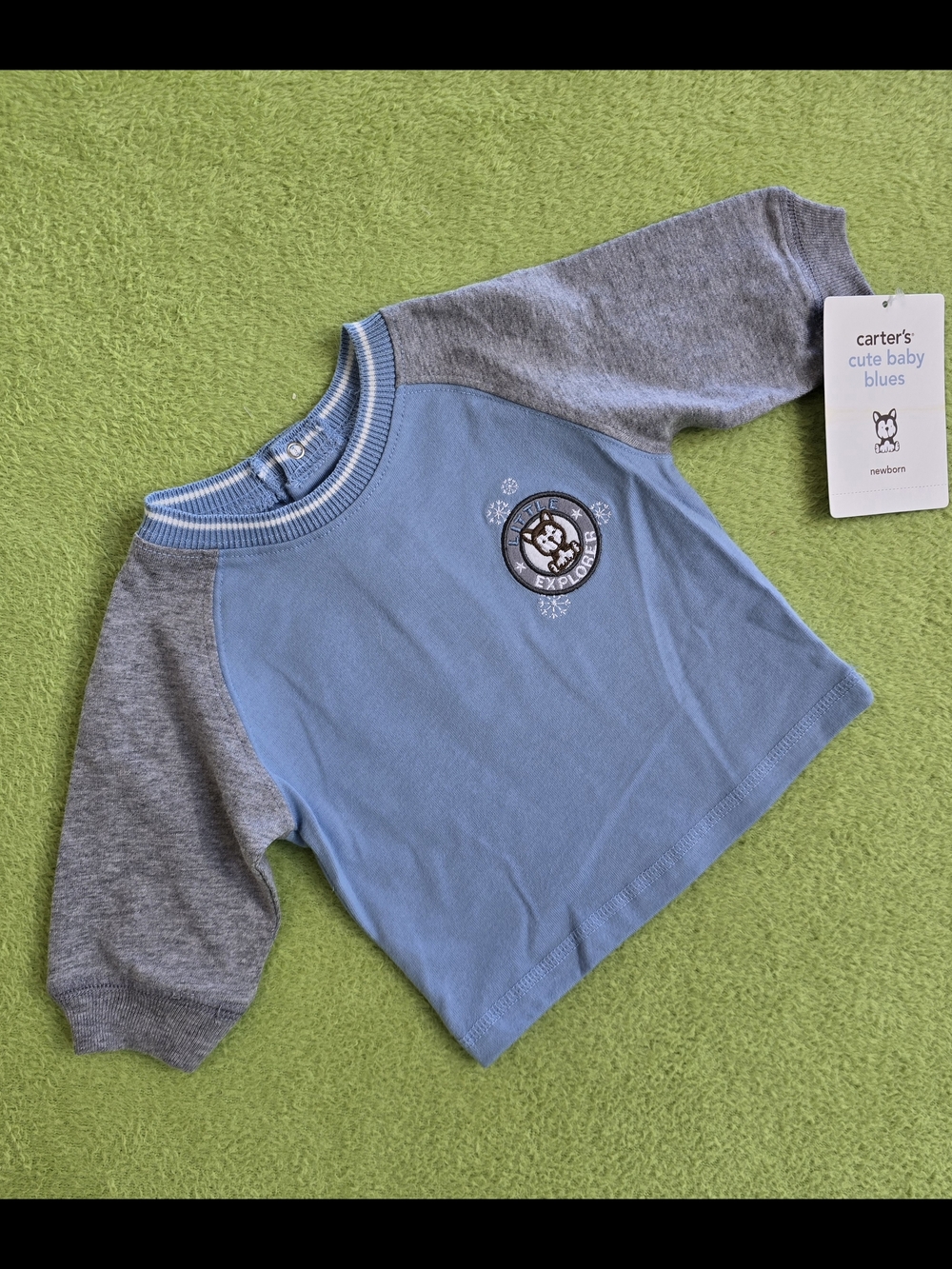 NWT NEWBORN Baby BOYS LS SHIRT Little EXPLORE Blue + Gray HUSKY PUPPY DOG (Q4)